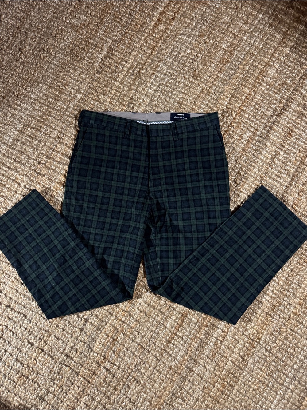Lands' End Men's Green & Navy Plaid Corduroy Pants